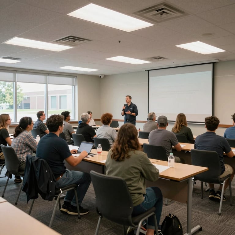 A brightly lit seminar room in The Plains, Ohio, where a community resilience workshop is taking place.