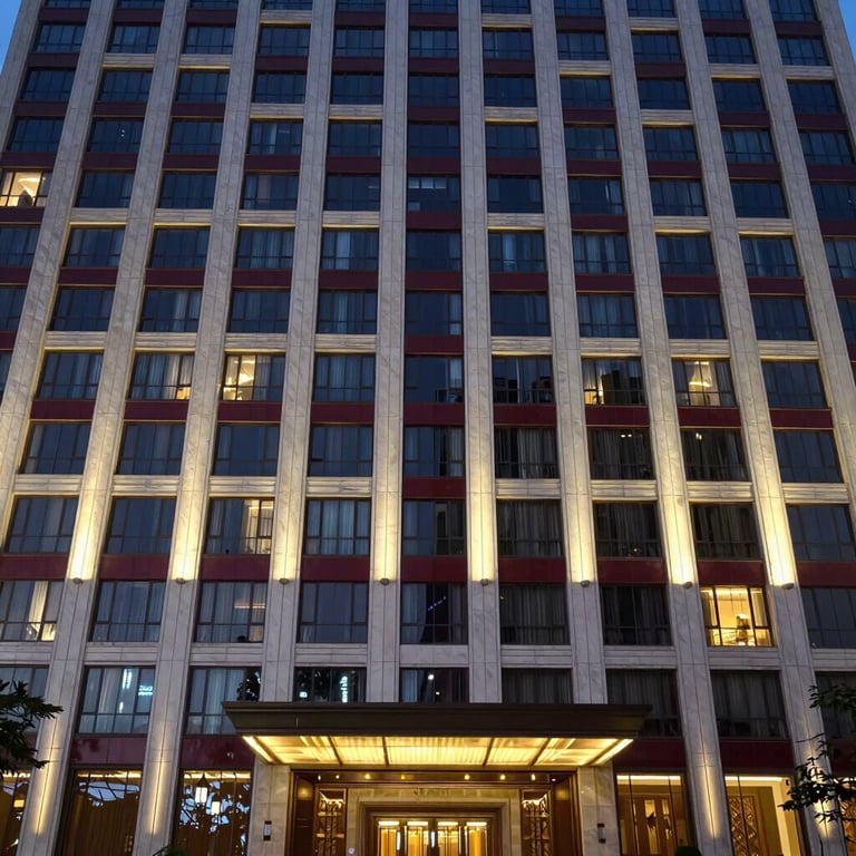 A dramatic shot of a completed luxury hotel facade at night, illuminated with warm lights, reflecting a premium silver-grey and dark crimson aesthetic.