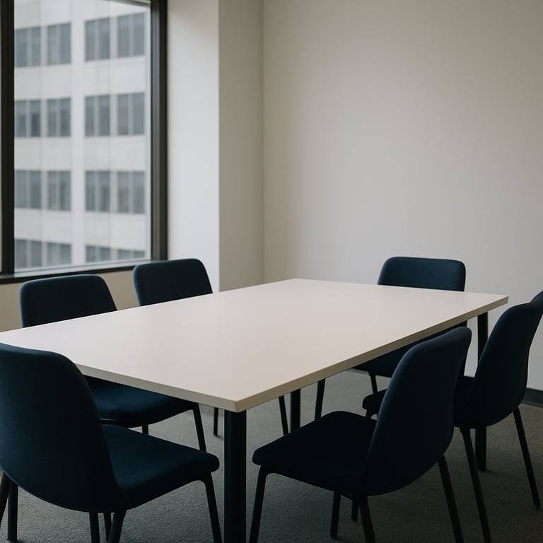 A collaborative meeting space with a clean aesthetic, featuring a white table and dark blue chairs in a US corporate office.