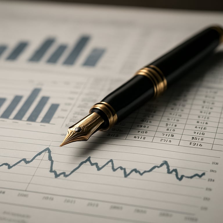 A high-end fountain pen resting on top of a detailed financial report in a professional setting.