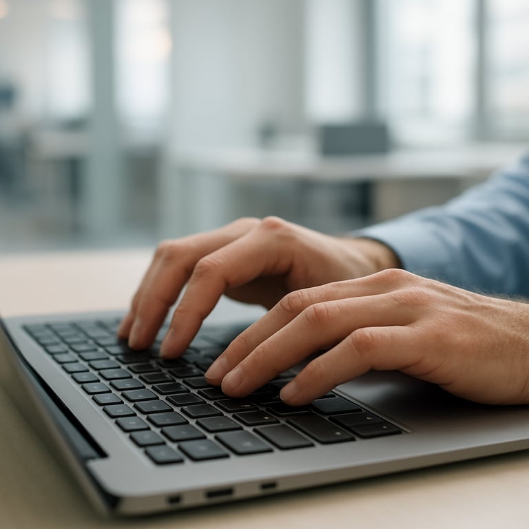 A close-up of hands typing on a laptop keyboard in a bright, modern North American office environment with off-white and light blue tones.