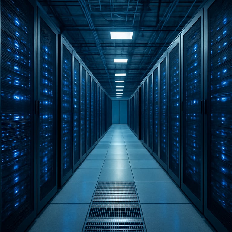 A sharp, professional photograph of a modern server room, emphasizing high-tech infrastructure and efficiency with blue lighting.
