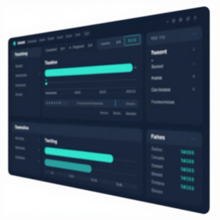 A modern data visualization dashboard showing testing progress in dark blue and teal shades, representing intelligent QA solutions.