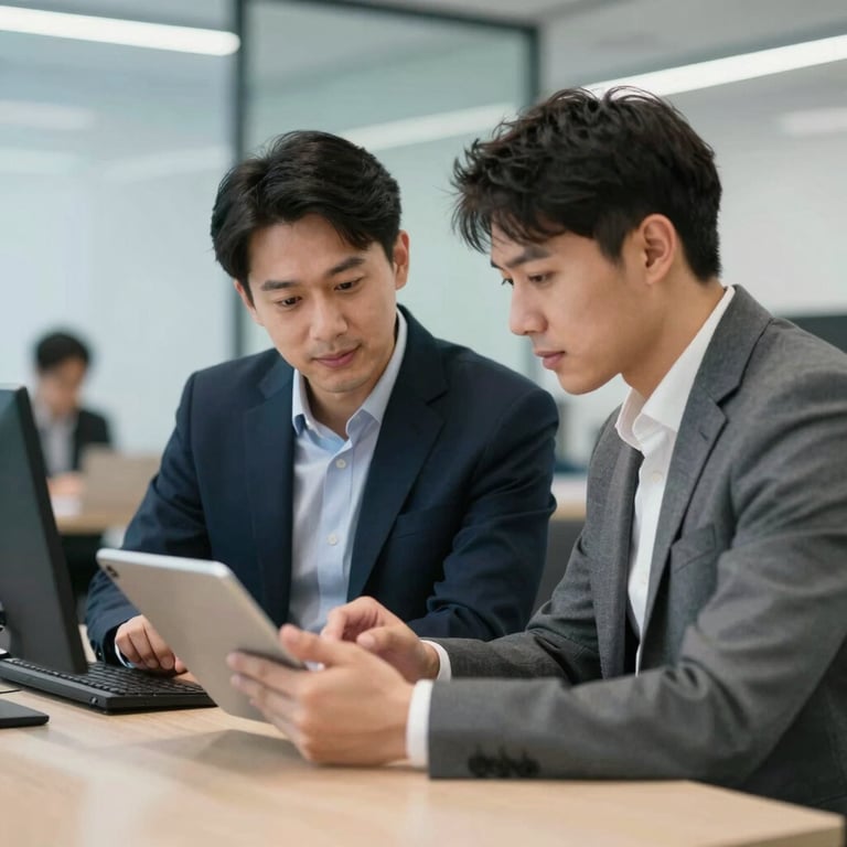 Two software engineers in professional attire collaborating over a tablet, with a blurred modern office background featuring #F7F9FA walls.