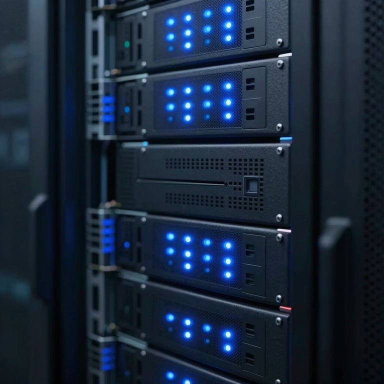 A close-up of server racks with calm blue LED indicators, signifying reliability and high-performance backend testing.