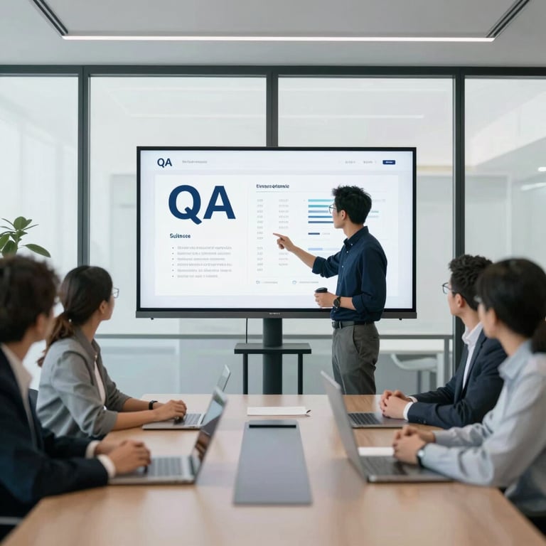 A minimalist meeting room with a large glass window, showing a team lead reviewing a QA report on a projected screen.
