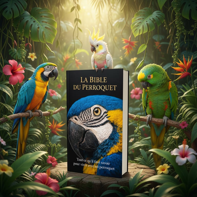 A French parrot training book surrounded by a macaw, cockatiel, and parakeet in a tropical jungle.