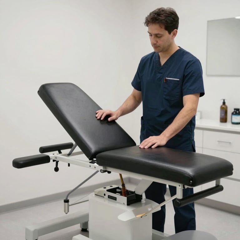 A calm, welcoming chiropractic treatment room with care tools neatly arranged.