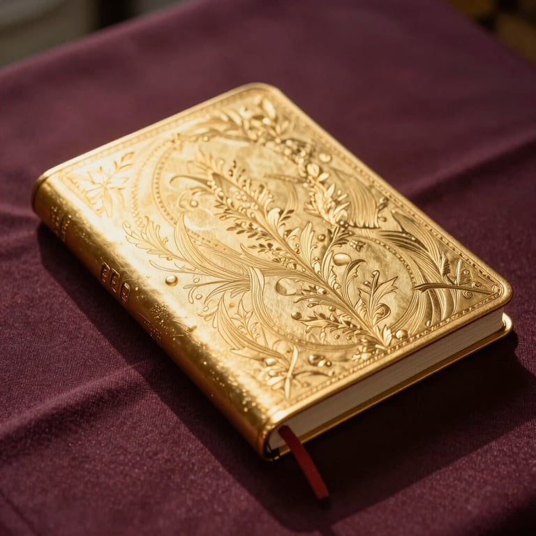 Close-up of a high-end gold-embossed journal resting on a dark plum linen table, warm directional golden hour light, soft shadows.