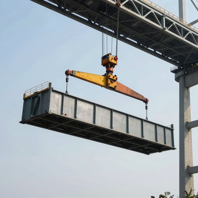 A wide shot of a massive steel bridge segment being hoisted into place by heavy machinery in North America.