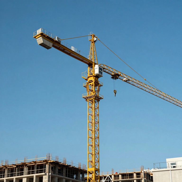 A towering yellow crane against a bright blue sky on a North American urban construction site.