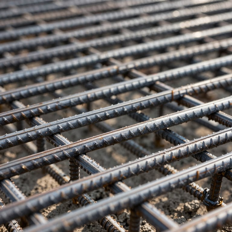 A detailed macro shot of industrial rebar mesh before a concrete pour, highlighting steel textures.