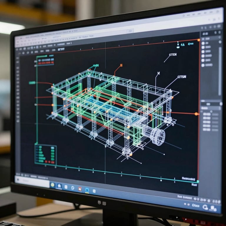 A close-up of a high-resolution CAD screen displaying a complex structural engineering schematic in an industrial setting.
