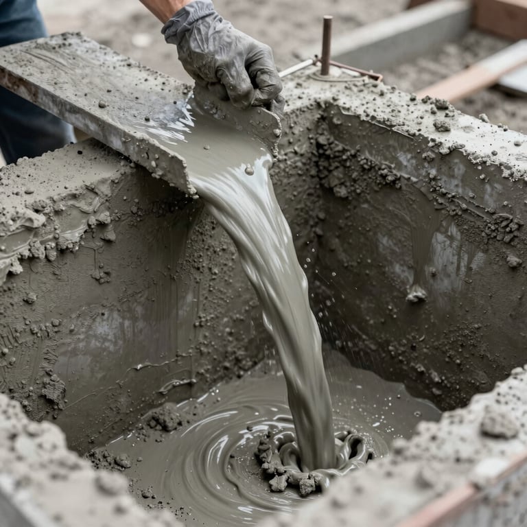 Wet concrete being poured into a foundation frame, capturing the rugged, industrial movement.