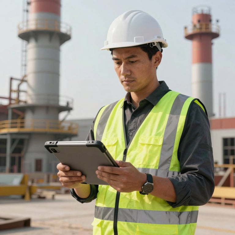 A male site manager in high-visibility gear holding a rugged tablet, standing before an industrial project.