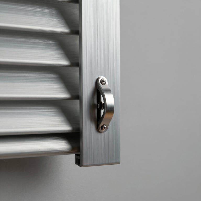 Close-up detail of a Hunter Douglas aluminium venetian blind slat mechanism, brushed metal ladder tape and tilt rod in sharp focus, neutral grey studio light, no people, architectural hardware aesthetic