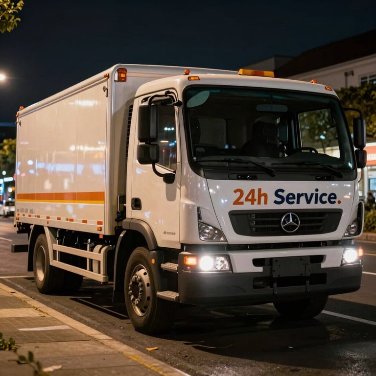 Night photography of a tow truck parked under city lights, reflecting reliability and 24h service.