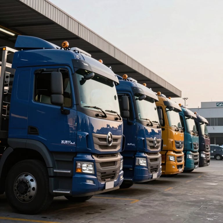 A fleet of modern navy blue tow trucks lined up at a professional depot in Brazil, morning light.