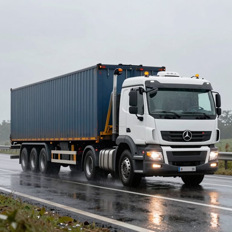 Heavy duty towing truck recovering a large cargo truck on a rainy highway, high visibility lights.