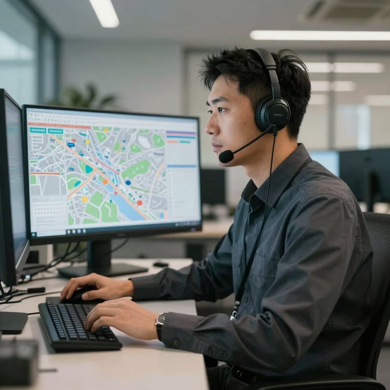 Professional dispatcher working in a modern office with maps and screens, focused atmosphere.