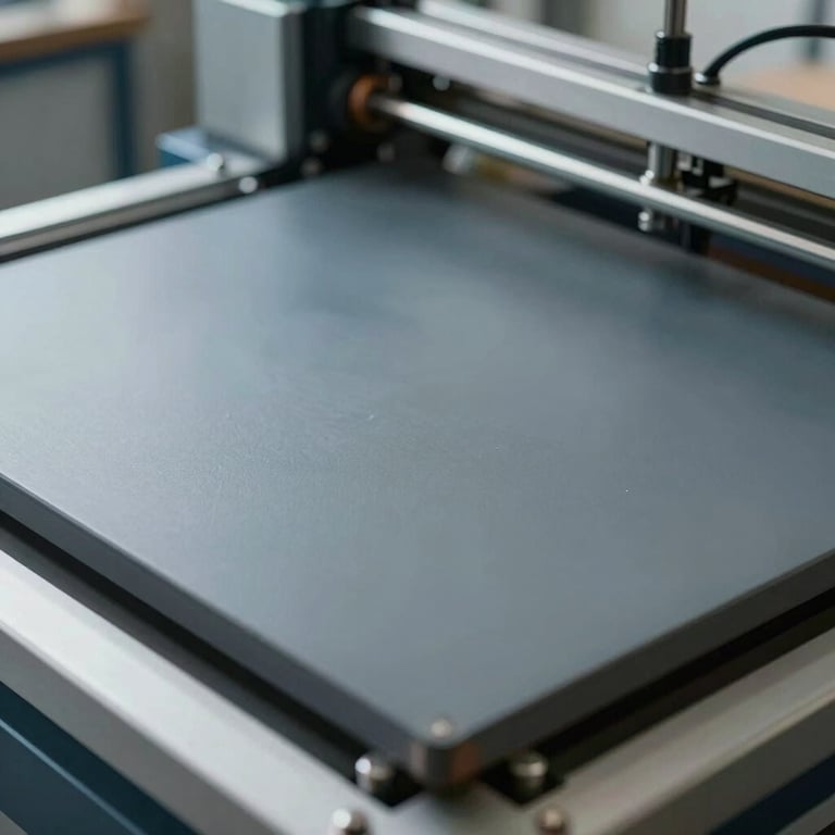 Detail of a clean, modern flatbed mechanism in operation, gray and blue tones.