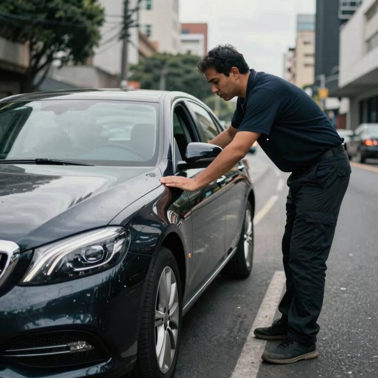 A technician assisting a driver next to a premium sedan on a city street, South American context.
