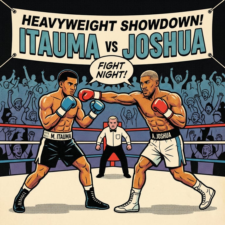 Comic poster of Moses Itauma fighting Anthony Joshua in a heavyweight showdown, teasing the next boxing king.
