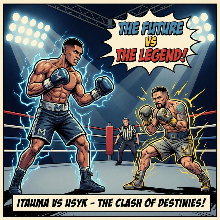 Comic poster of Moses Itauma facing Oleksandr Usyk, hyping the future heavyweight king versus the boxing legend.