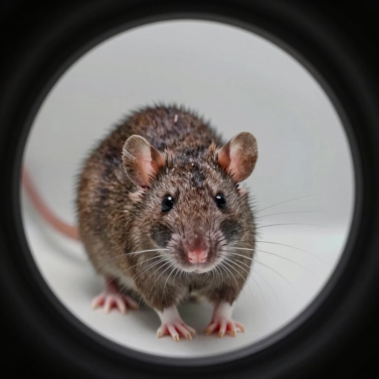 Macro close-up of a brown rat isolated in a sterile circular frame, clinical lighting, high scientific detail.