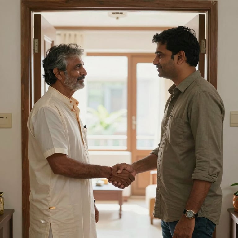 A South Asian / Indian landlord and tenant shaking hands in a bright, modern apartment doorway, representing a successful agreement.