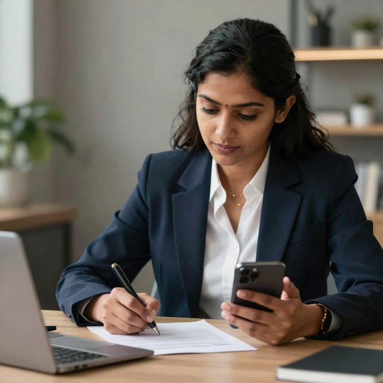 A professional South Asian / Indian woman in business attire using a mobile app to sign a document digitally, modern lifestyle setting.