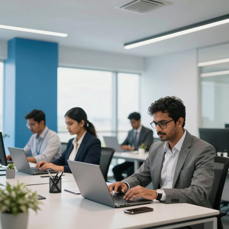 A bright, modern office space in Bangalore with legal professionals working on laptops, sky blue and white interior design.