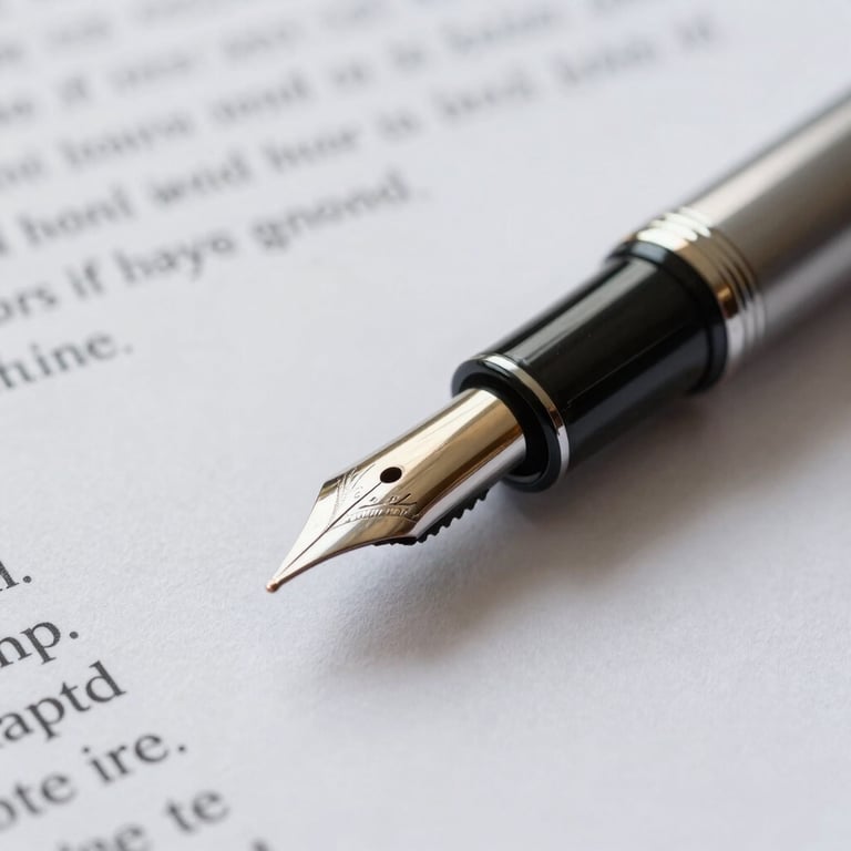 A close-up of a high-quality fountain pen resting on a crisp e-stamp paper document with official government watermarks.