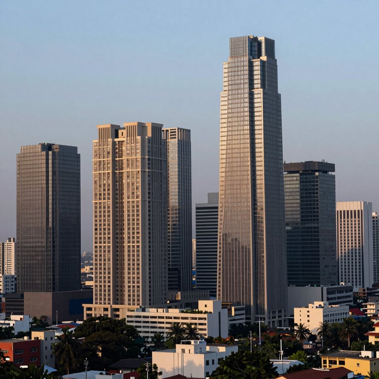 The Bangalore city skyline at dusk, featuring modern high-rise buildings and clear architectural lines, professional photography.