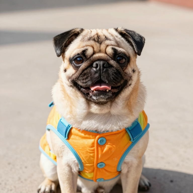Perro pug con chaleco amarillo y botones azules.