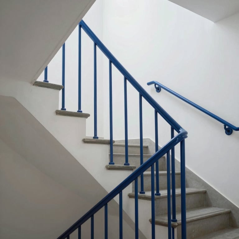 A clean, modern stairwell in a luxury apartment building, featuring white walls and cobalt blue handrails.