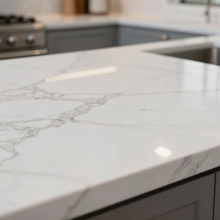 A close-up of a white marble countertop in a luxury North American kitchen, sparkling under bright lights.