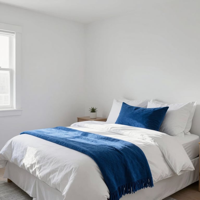 A serene, white-on-white minimalist bedroom in a US home with cobalt blue throws, perfectly tidy and sunlit.