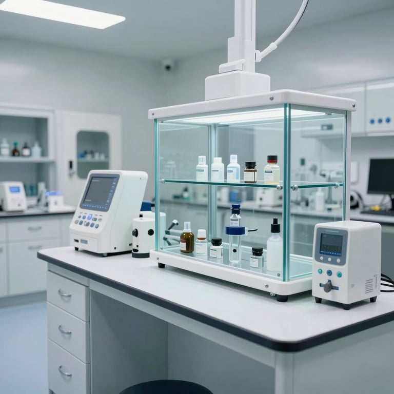 The interior of a high-tech medical lab in North America, showing pristine white surfaces and organized glass equipment.