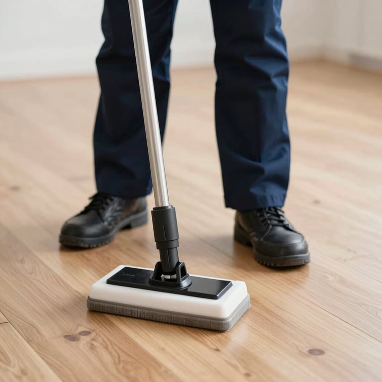Detailed view of a professional cleaner in a crisp navy uniform using high-end equipment on a light wood floor.