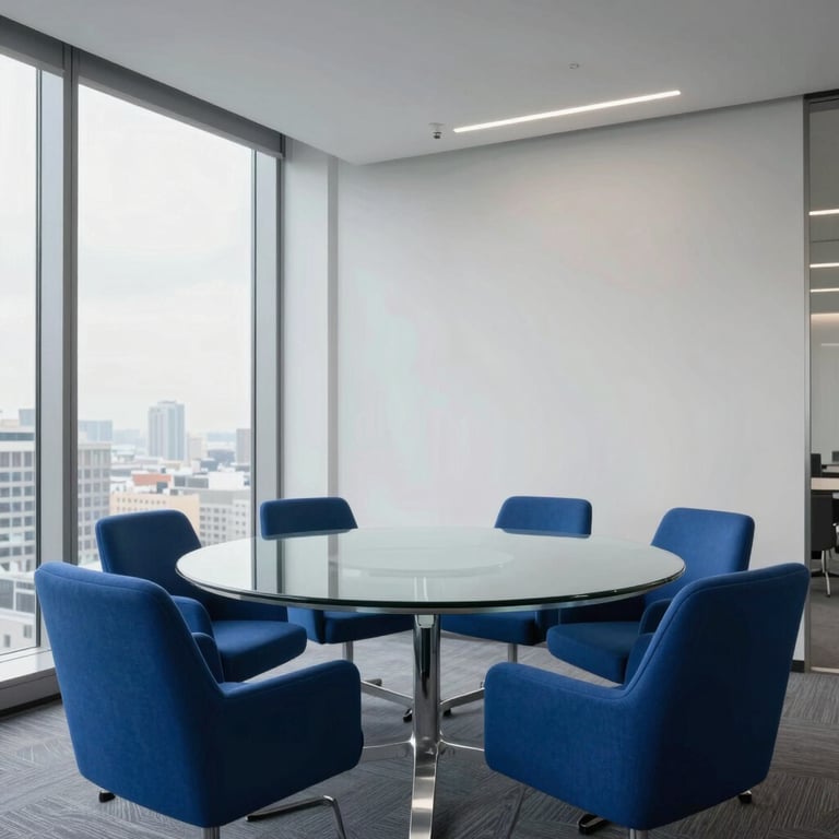 Architectural photo of a minimalist boardroom in a skyscraper, featuring cobalt blue chairs and a glass table.