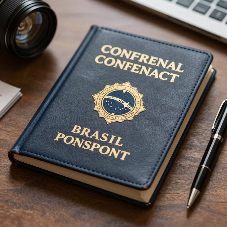 A close-up of a lawyer's desk with a leather-bound Brazilian Constitution and a pen.