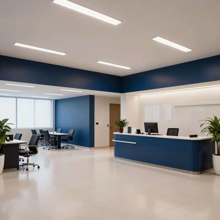 A wide shot of a clean, modern law office lobby in Brazil with navy blue accents and professional lighting.