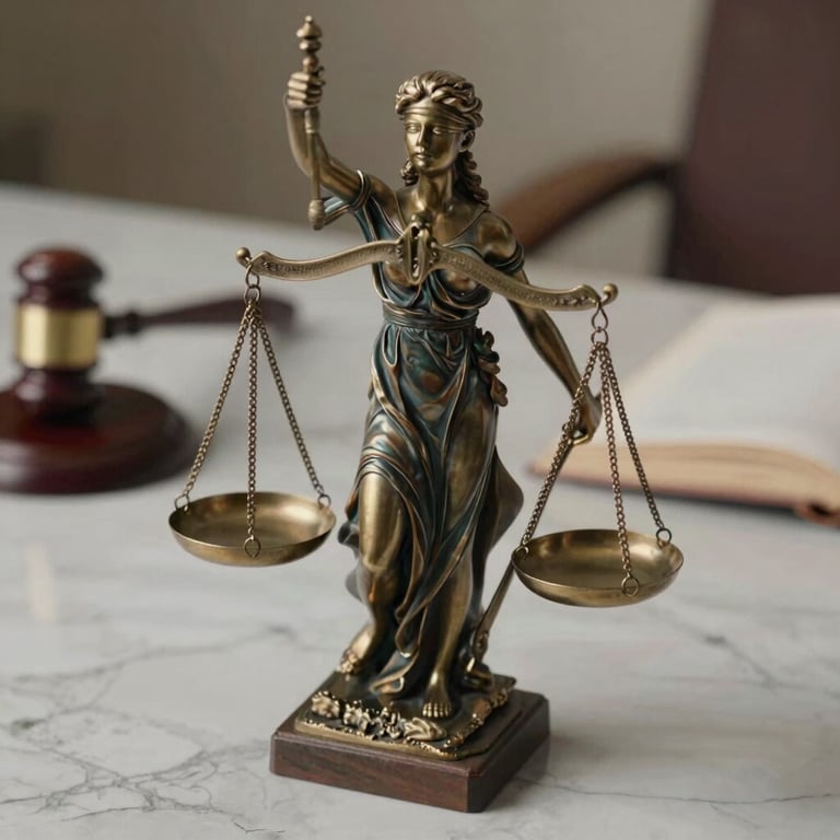 A detailed shot of the Scales of Justice on a marble table, representing legal balance and ethics.