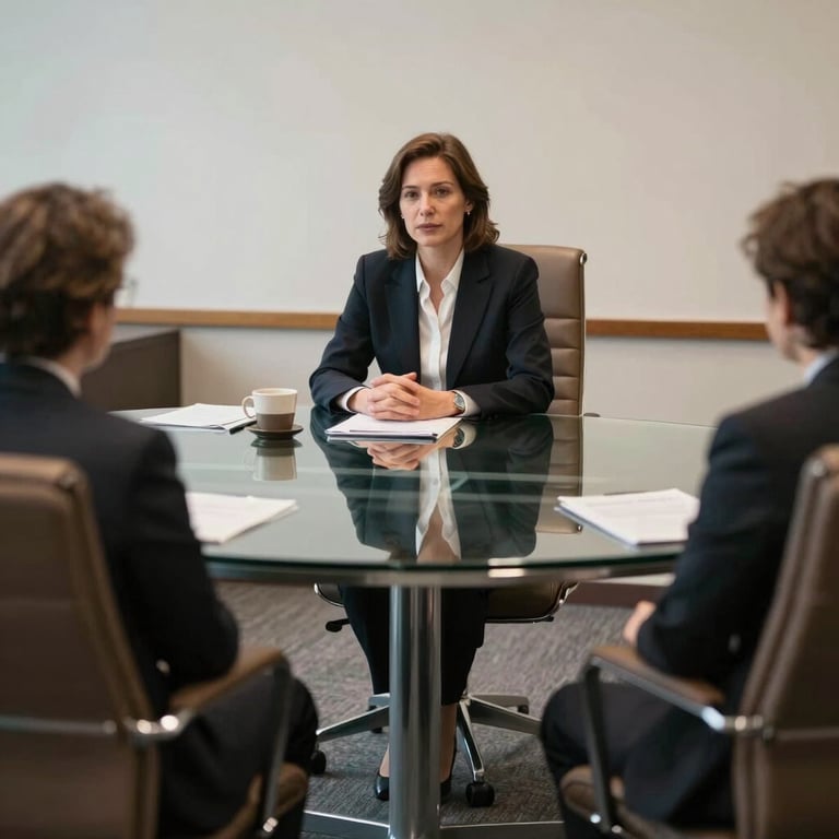 A professional meeting room with comfortable chairs and a glass table, showing a reliable legal environment.