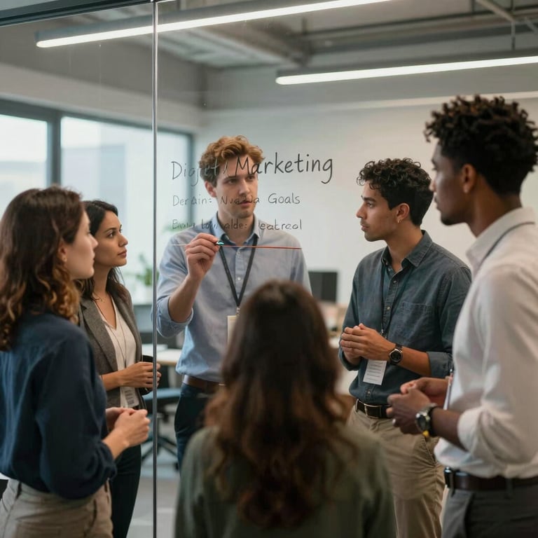 A group of diverse professionals brainstorming in a modern South American office, using a glass wall to write digital marketing goals.