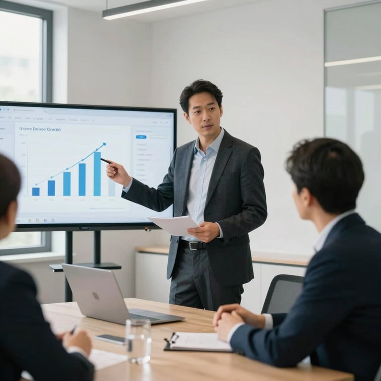 A professional consultant presenting a digital growth plan to a client in a bright, modern meeting room with minimalist decor.