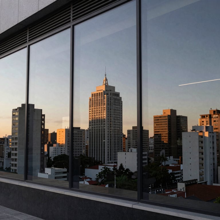 A modern South American cityscape reflected in the glass window of a digital agency office during sunset.