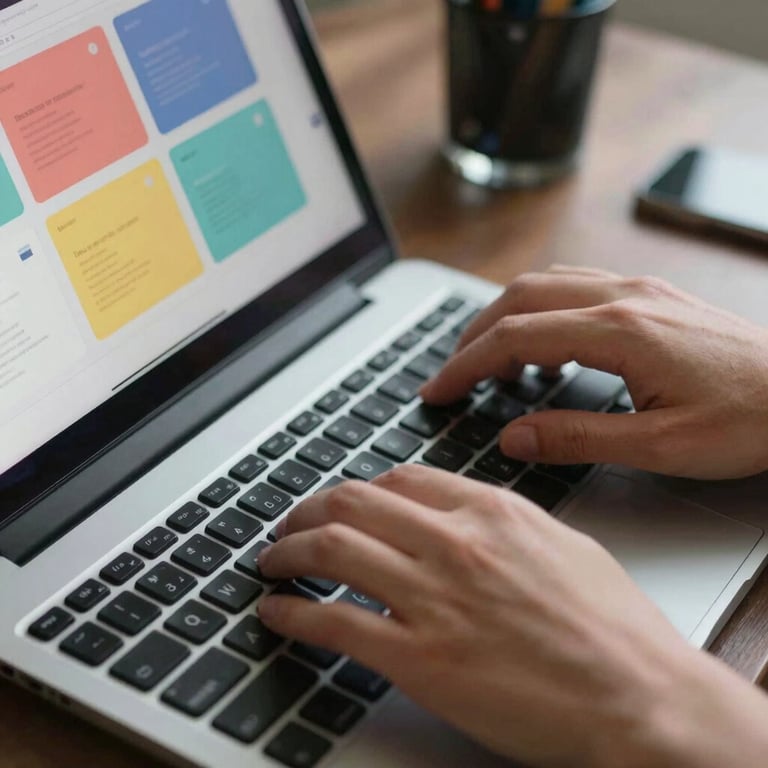 Detailed view of a hands typing on a sleek keyboard with a tablet nearby showing colorful web design wireframes, professional lighting.