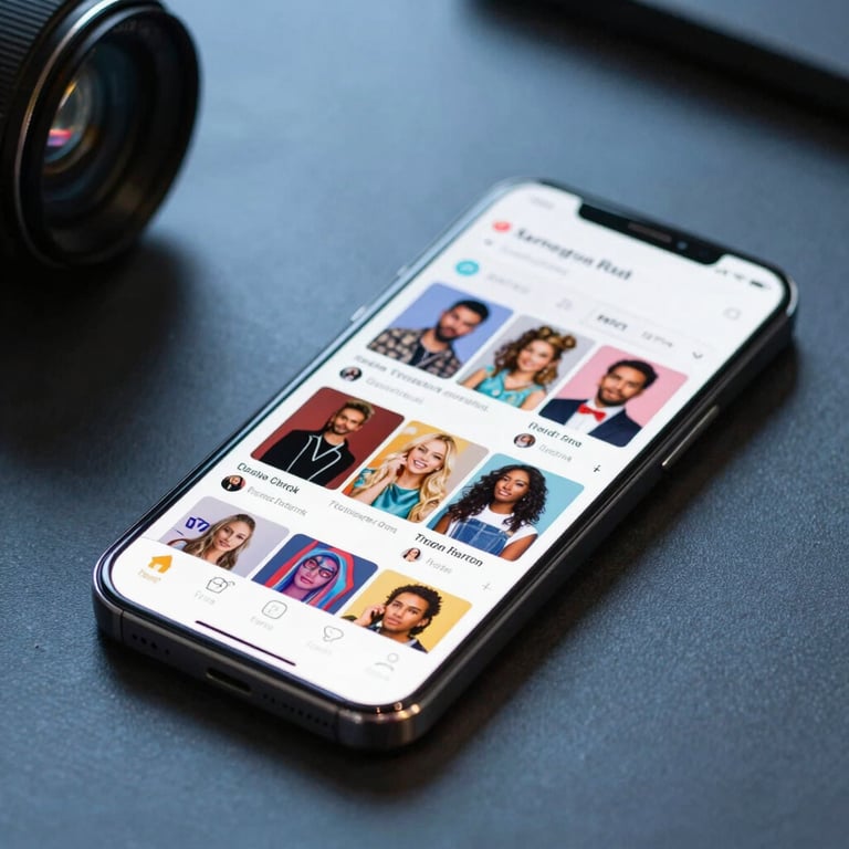 A high-end smartphone on a desk showing a vibrant social media feed with soft blue background lighting.